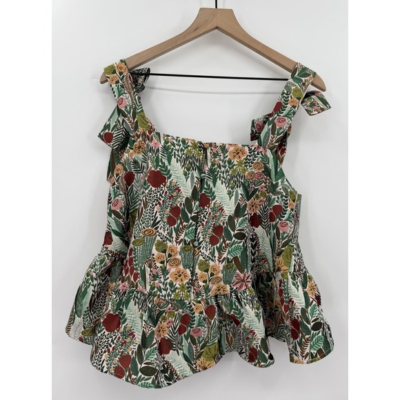 Aureum Shirt Womens Medium Green Floral Textured Ruffle Bows Tie Boho Cottage - Picture 5 of 9